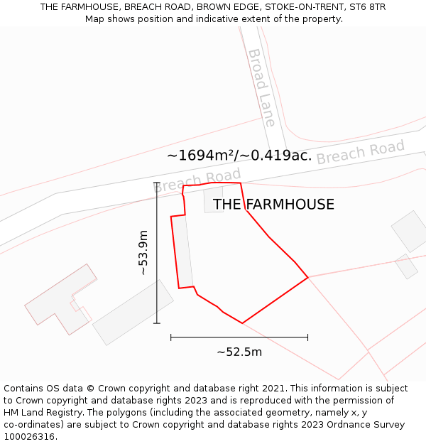 THE FARMHOUSE, BREACH ROAD, BROWN EDGE, STOKE-ON-TRENT, ST6 8TR: Plot and title map