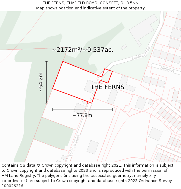 THE FERNS, ELMFIELD ROAD, CONSETT, DH8 5NN: Plot and title map