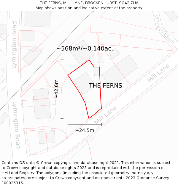 THE FERNS, MILL LANE, BROCKENHURST, SO42 7UA: Plot and title map