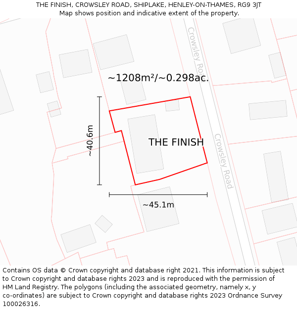 THE FINISH, CROWSLEY ROAD, SHIPLAKE, HENLEY-ON-THAMES, RG9 3JT: Plot and title map