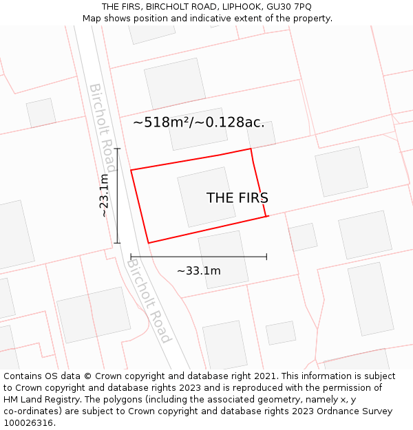 THE FIRS, BIRCHOLT ROAD, LIPHOOK, GU30 7PQ: Plot and title map