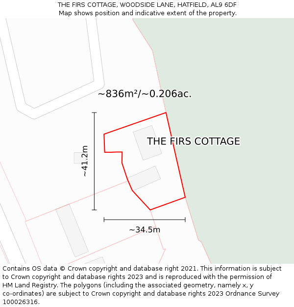 THE FIRS COTTAGE, WOODSIDE LANE, HATFIELD, AL9 6DF: Plot and title map