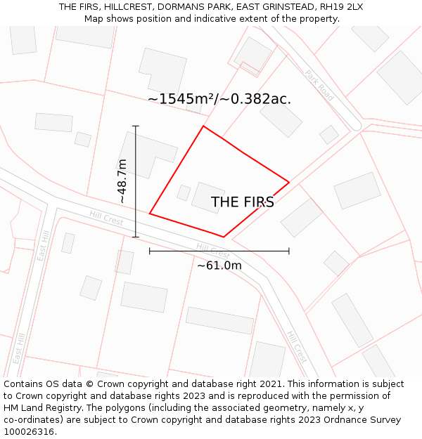 THE FIRS, HILLCREST, DORMANS PARK, EAST GRINSTEAD, RH19 2LX: Plot and title map