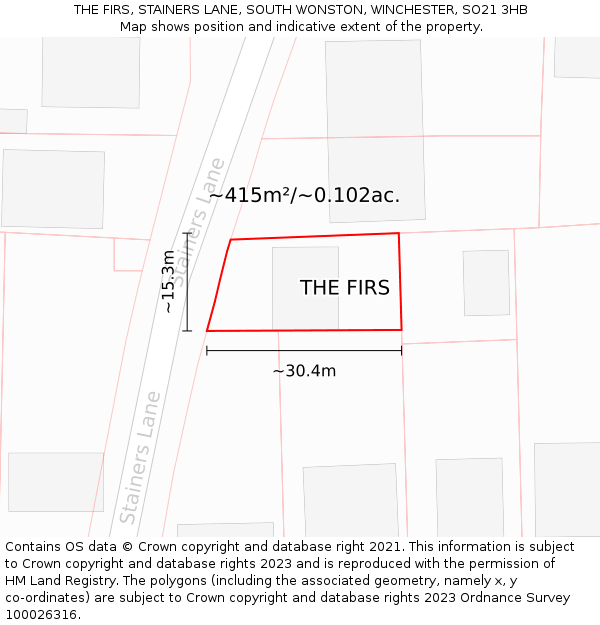 THE FIRS, STAINERS LANE, SOUTH WONSTON, WINCHESTER, SO21 3HB: Plot and title map