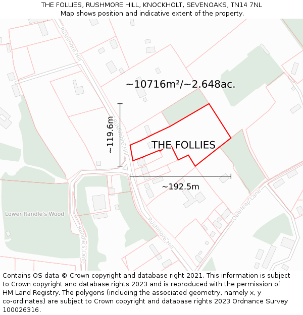 THE FOLLIES, RUSHMORE HILL, KNOCKHOLT, SEVENOAKS, TN14 7NL: Plot and title map