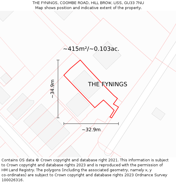 THE FYNINGS, COOMBE ROAD, HILL BROW, LISS, GU33 7NU: Plot and title map