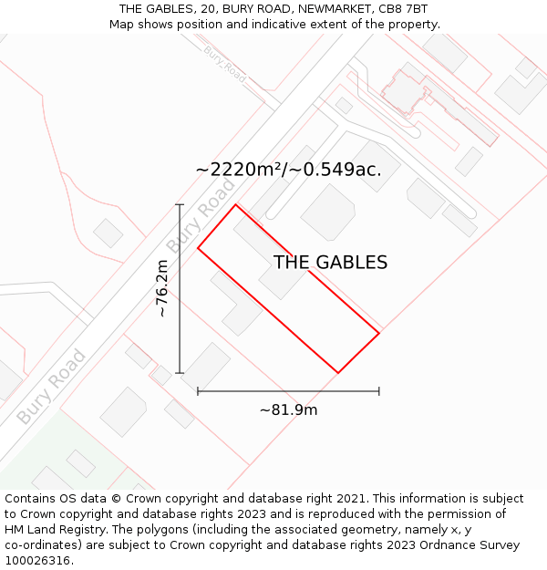 THE GABLES, 20, BURY ROAD, NEWMARKET, CB8 7BT: Plot and title map