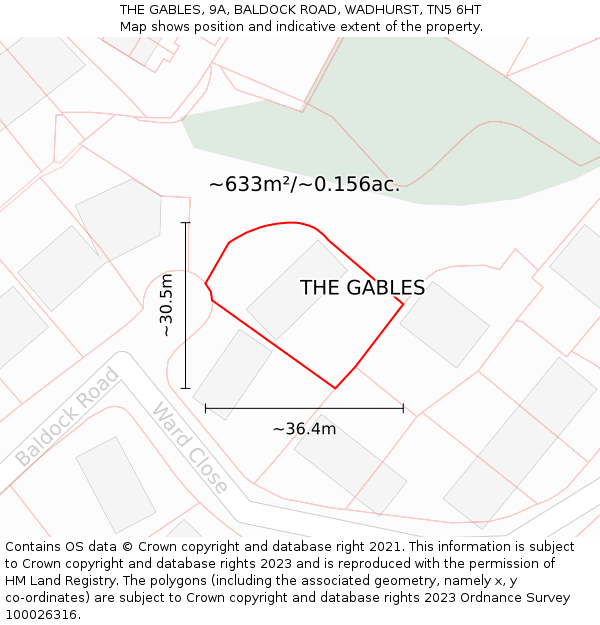 THE GABLES, 9A, BALDOCK ROAD, WADHURST, TN5 6HT: Plot and title map