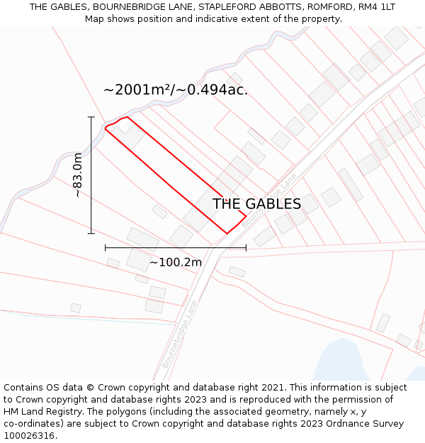 THE GABLES, BOURNEBRIDGE LANE, STAPLEFORD ABBOTTS, ROMFORD, RM4 1LT: Plot and title map