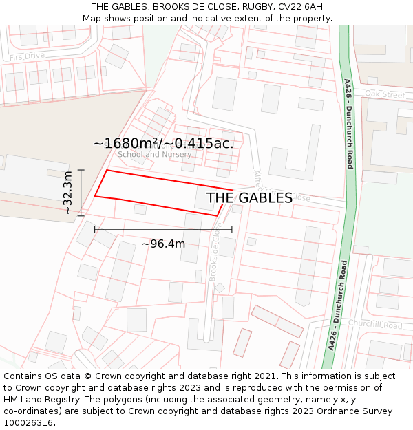 THE GABLES, BROOKSIDE CLOSE, RUGBY, CV22 6AH: Plot and title map