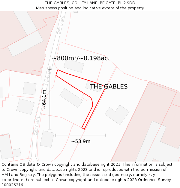 THE GABLES, COLLEY LANE, REIGATE, RH2 9DD: Plot and title map