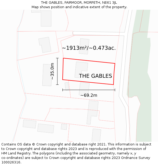 THE GABLES, FAIRMOOR, MORPETH, NE61 3JL: Plot and title map