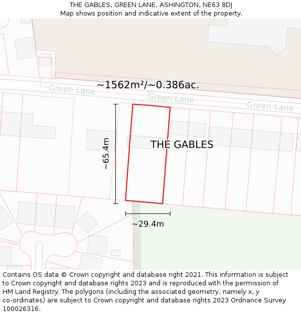 THE GABLES, GREEN LANE, ASHINGTON, NE63 8DJ: Plot and title map