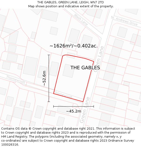 THE GABLES, GREEN LANE, LEIGH, WN7 2TD: Plot and title map