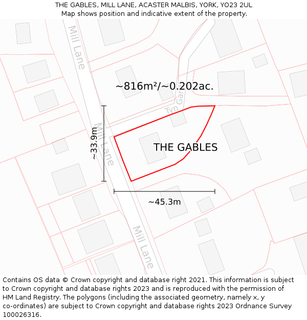 THE GABLES, MILL LANE, ACASTER MALBIS, YORK, YO23 2UL: Plot and title map