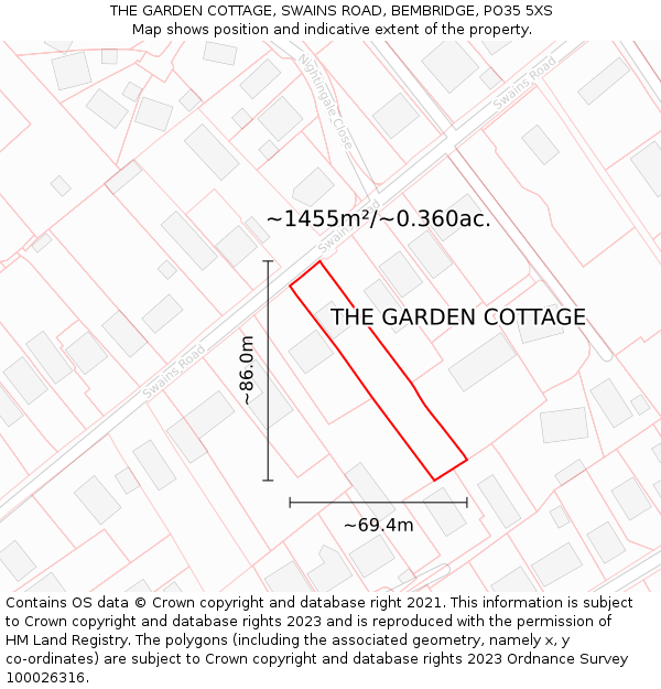 THE GARDEN COTTAGE, SWAINS ROAD, BEMBRIDGE, PO35 5XS: Plot and title map