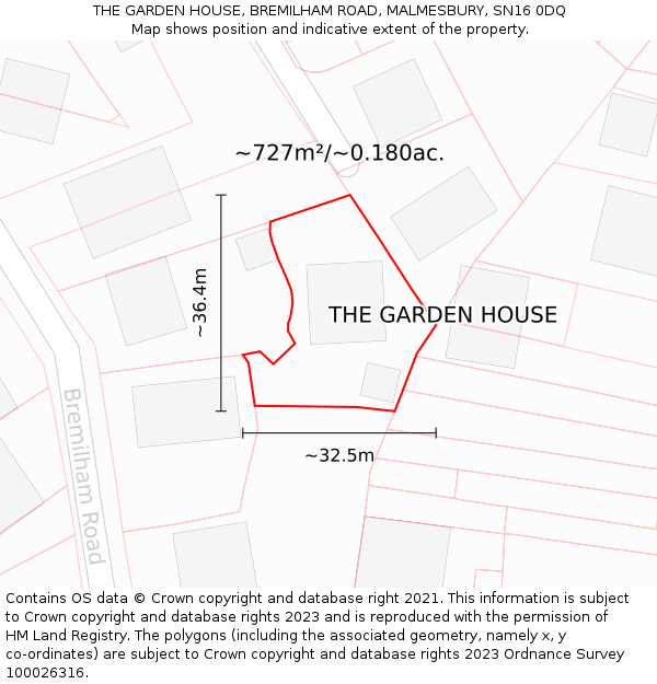 THE GARDEN HOUSE, BREMILHAM ROAD, MALMESBURY, SN16 0DQ: Plot and title map