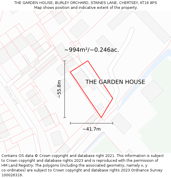 THE GARDEN HOUSE, BURLEY ORCHARD, STAINES LANE, CHERTSEY, KT16 8PS: Plot and title map
