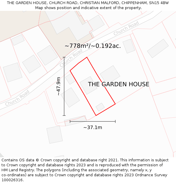 THE GARDEN HOUSE, CHURCH ROAD, CHRISTIAN MALFORD, CHIPPENHAM, SN15 4BW: Plot and title map