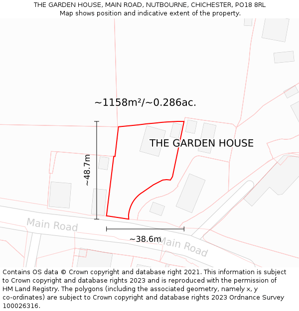 THE GARDEN HOUSE, MAIN ROAD, NUTBOURNE, CHICHESTER, PO18 8RL: Plot and title map