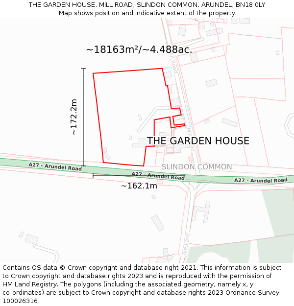 THE GARDEN HOUSE, MILL ROAD, SLINDON COMMON, ARUNDEL, BN18 0LY: Plot and title map