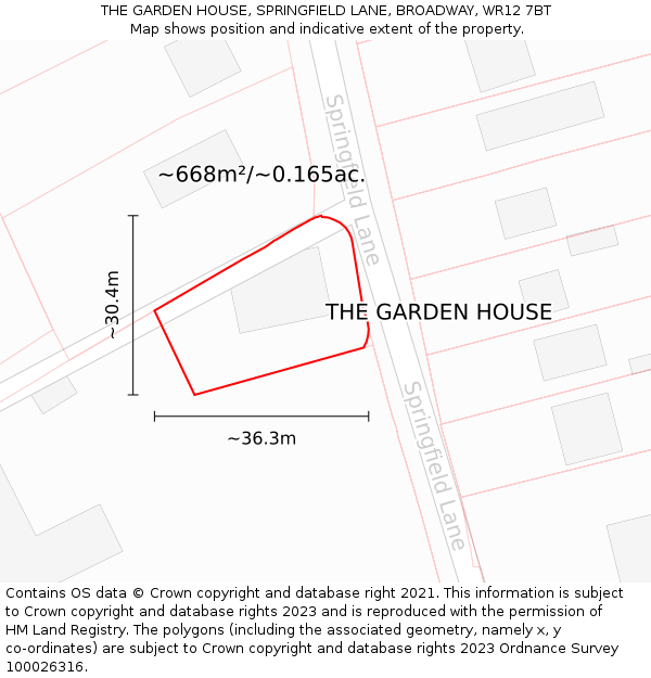 THE GARDEN HOUSE, SPRINGFIELD LANE, BROADWAY, WR12 7BT: Plot and title map