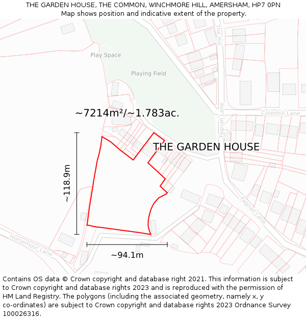 THE GARDEN HOUSE, THE COMMON, WINCHMORE HILL, AMERSHAM, HP7 0PN: Plot and title map