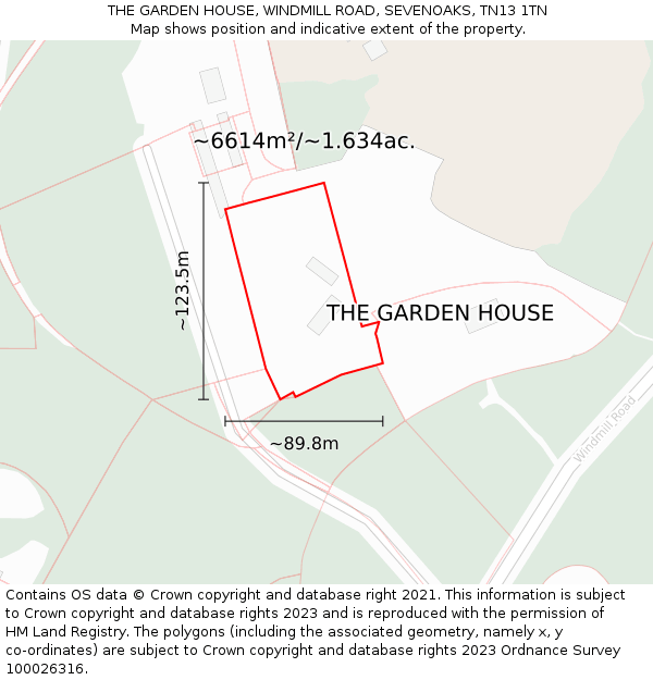 THE GARDEN HOUSE, WINDMILL ROAD, SEVENOAKS, TN13 1TN: Plot and title map