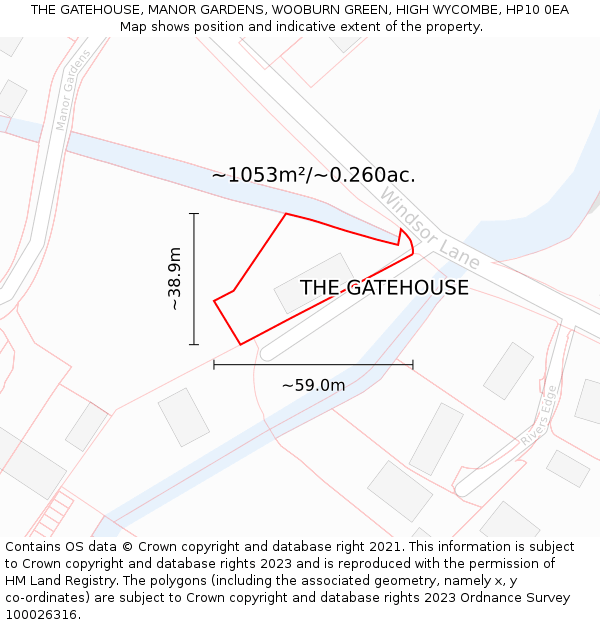 THE GATEHOUSE, MANOR GARDENS, WOOBURN GREEN, HIGH WYCOMBE, HP10 0EA: Plot and title map