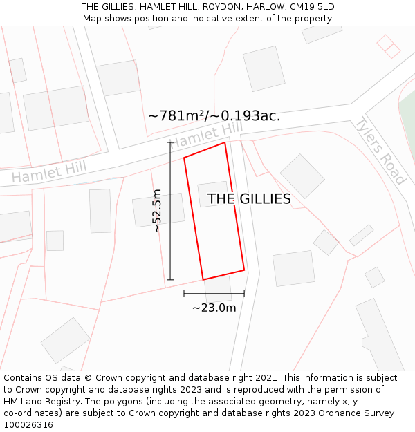 THE GILLIES, HAMLET HILL, ROYDON, HARLOW, CM19 5LD: Plot and title map