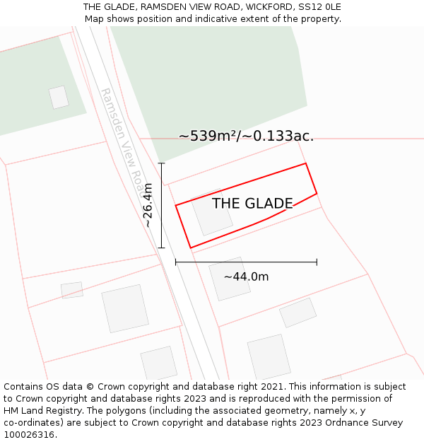 THE GLADE, RAMSDEN VIEW ROAD, WICKFORD, SS12 0LE: Plot and title map