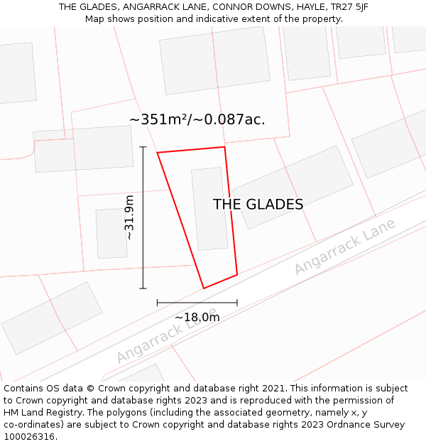 THE GLADES, ANGARRACK LANE, CONNOR DOWNS, HAYLE, TR27 5JF: Plot and title map