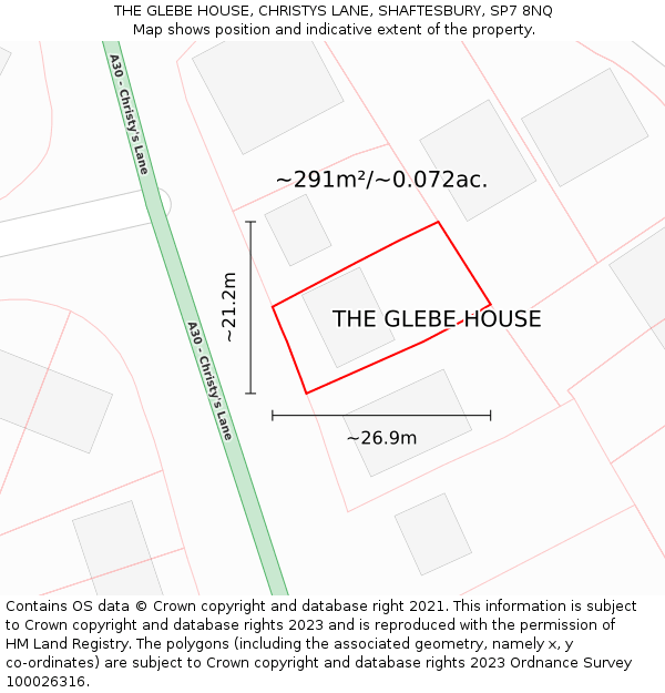 THE GLEBE HOUSE, CHRISTYS LANE, SHAFTESBURY, SP7 8NQ: Plot and title map