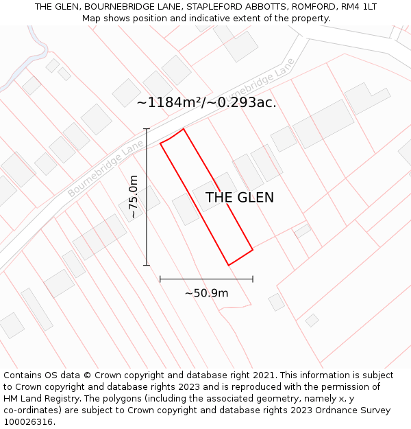 THE GLEN, BOURNEBRIDGE LANE, STAPLEFORD ABBOTTS, ROMFORD, RM4 1LT: Plot and title map