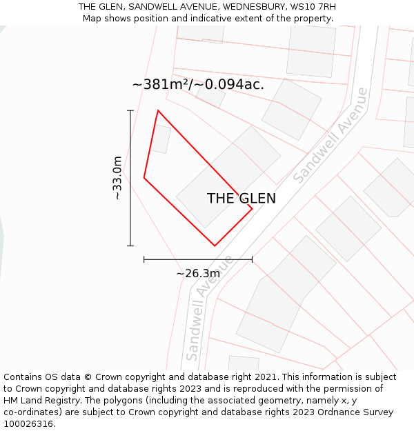 THE GLEN, SANDWELL AVENUE, WEDNESBURY, WS10 7RH: Plot and title map
