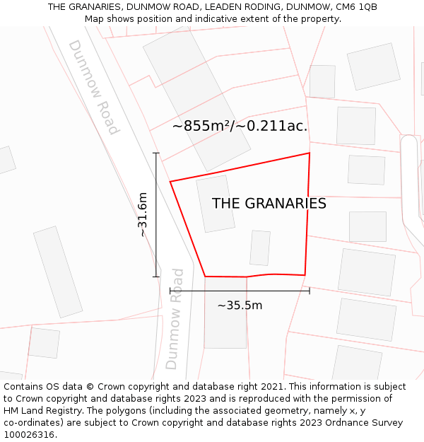 THE GRANARIES, DUNMOW ROAD, LEADEN RODING, DUNMOW, CM6 1QB: Plot and title map