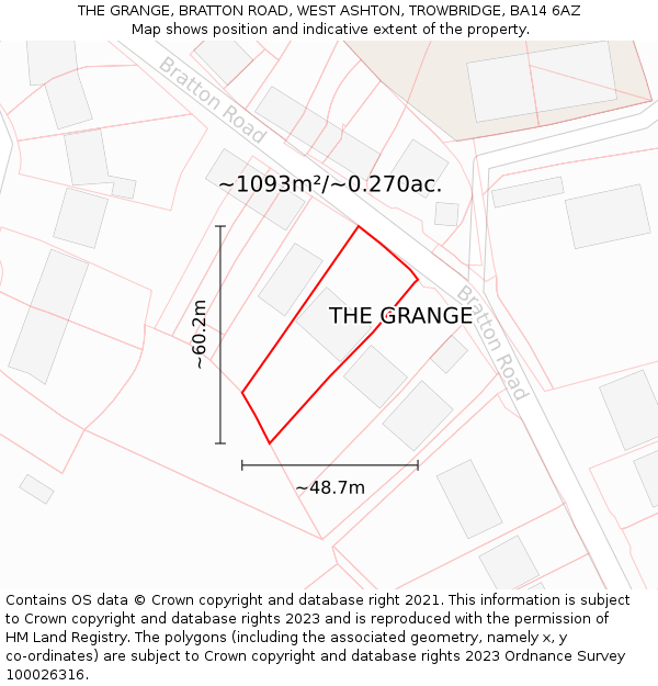 THE GRANGE, BRATTON ROAD, WEST ASHTON, TROWBRIDGE, BA14 6AZ: Plot and title map