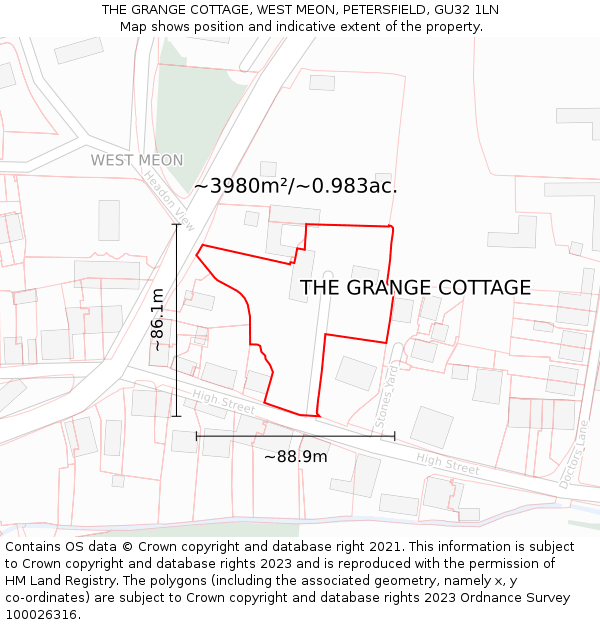 THE GRANGE COTTAGE, WEST MEON, PETERSFIELD, GU32 1LN: Plot and title map