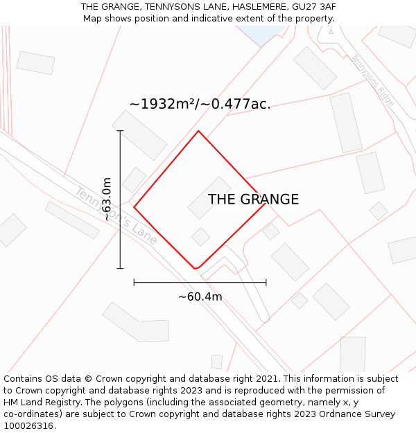 THE GRANGE, TENNYSONS LANE, HASLEMERE, GU27 3AF: Plot and title map