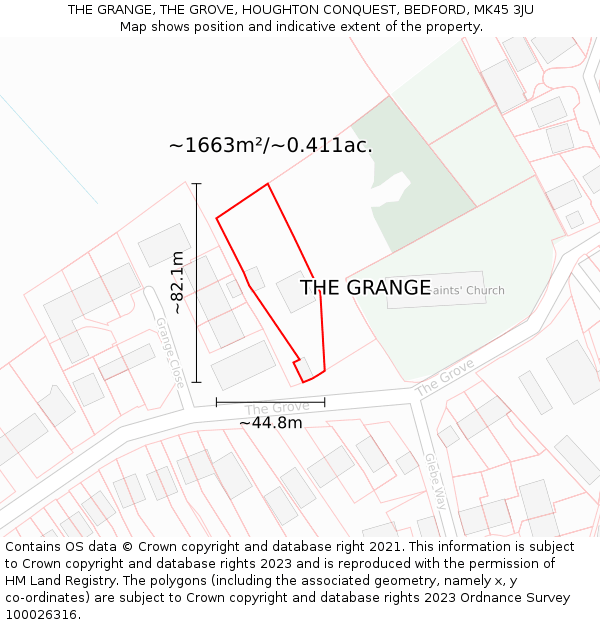 THE GRANGE, THE GROVE, HOUGHTON CONQUEST, BEDFORD, MK45 3JU: Plot and title map