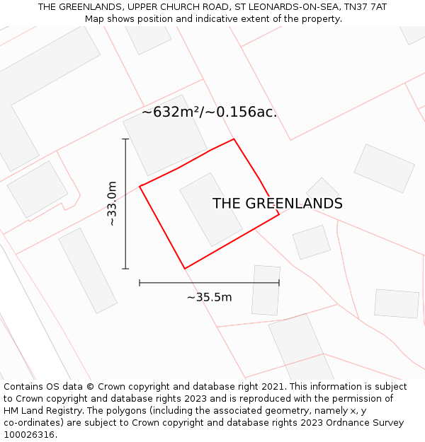 THE GREENLANDS, UPPER CHURCH ROAD, ST LEONARDS-ON-SEA, TN37 7AT: Plot and title map