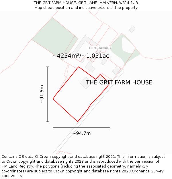 THE GRIT FARM HOUSE, GRIT LANE, MALVERN, WR14 1UR: Plot and title map