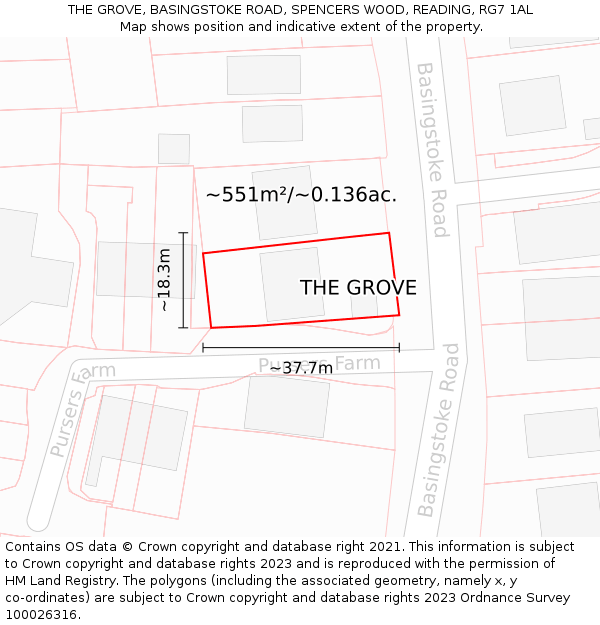 THE GROVE, BASINGSTOKE ROAD, SPENCERS WOOD, READING, RG7 1AL: Plot and title map