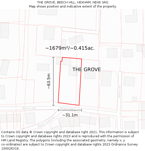 THE GROVE, BEECH HILL, HEXHAM, NE46 3AG: Plot and title map