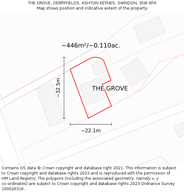 THE GROVE, DERRYFIELDS, ASHTON KEYNES, SWINDON, SN6 6PA: Plot and title map