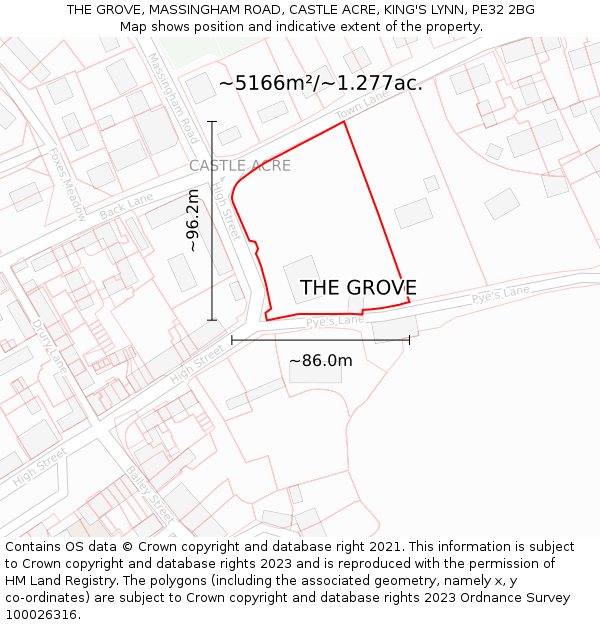 THE GROVE, MASSINGHAM ROAD, CASTLE ACRE, KING'S LYNN, PE32 2BG: Plot and title map