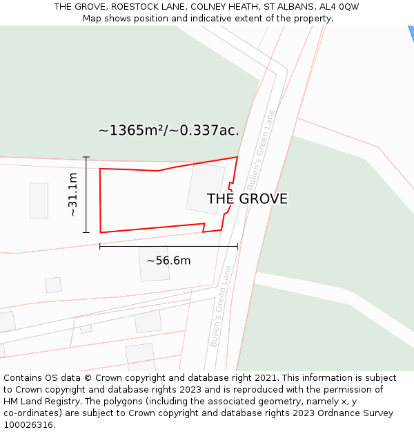 THE GROVE, ROESTOCK LANE, COLNEY HEATH, ST ALBANS, AL4 0QW: Plot and title map