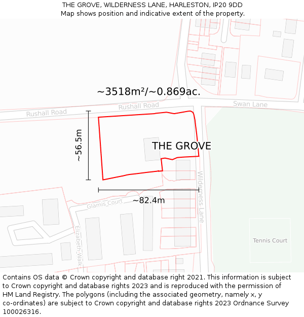 THE GROVE, WILDERNESS LANE, HARLESTON, IP20 9DD: Plot and title map