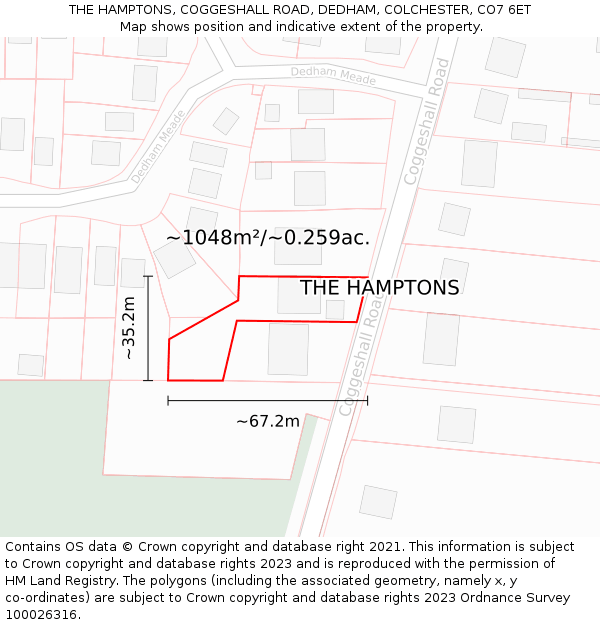 THE HAMPTONS, COGGESHALL ROAD, DEDHAM, COLCHESTER, CO7 6ET: Plot and title map