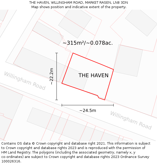 THE HAVEN, WILLINGHAM ROAD, MARKET RASEN, LN8 3DN: Plot and title map